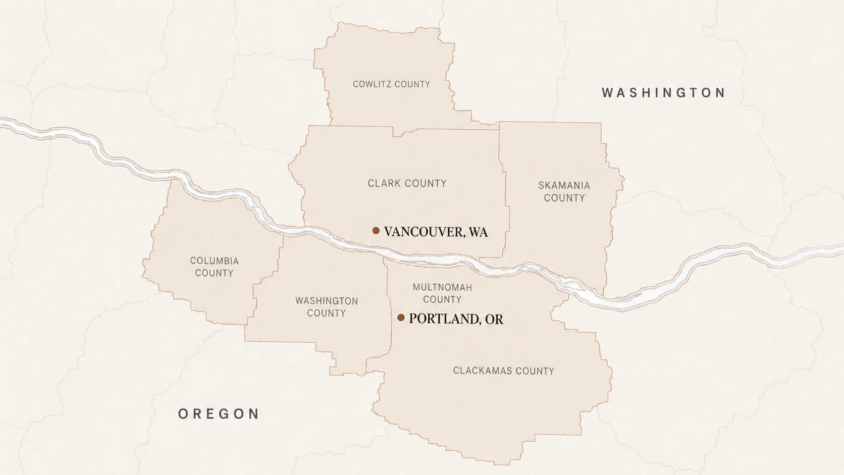 Map of Zaboss Concepts' service area across SW Washington and NW Oregon