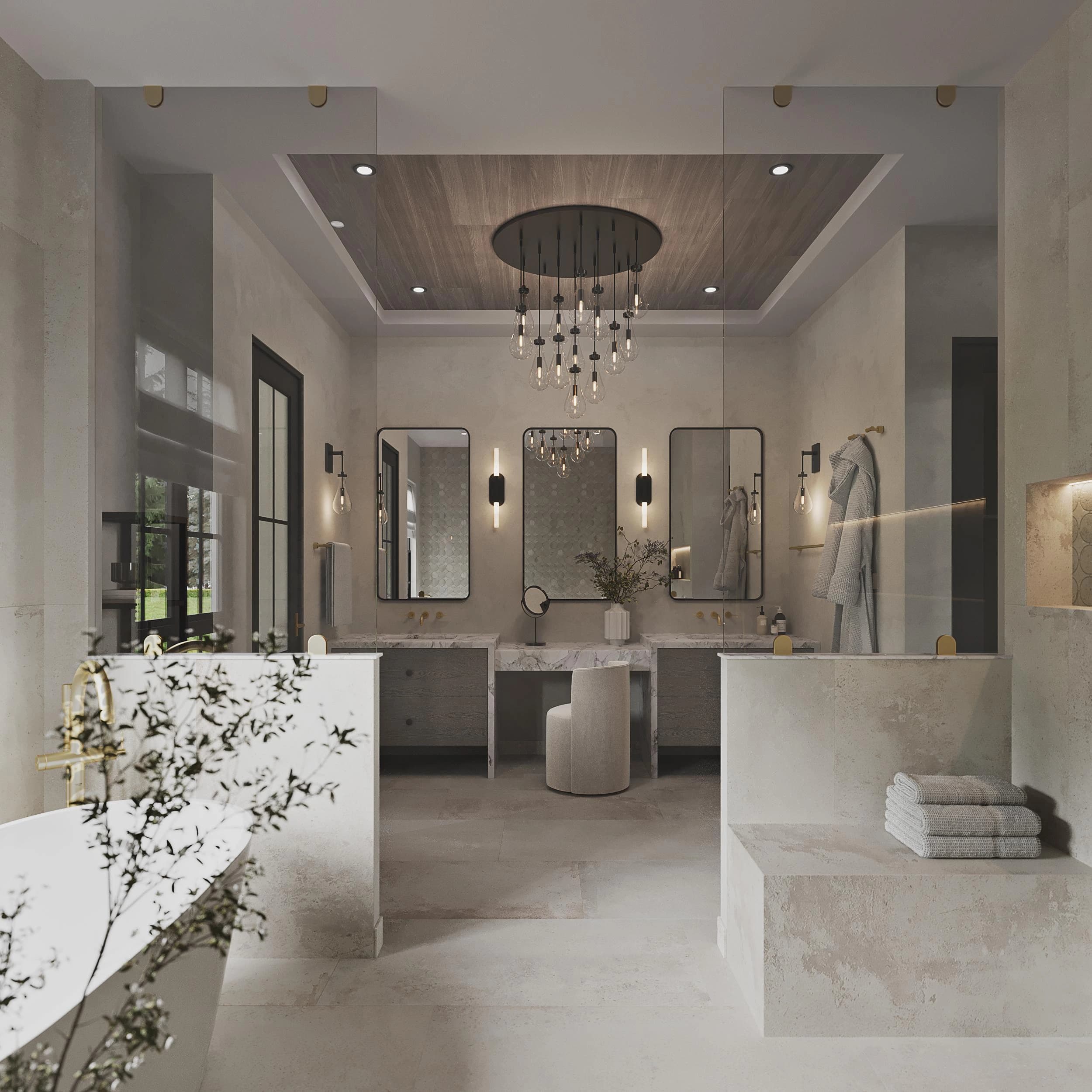 Primary bathroom vanity and freestanding tub